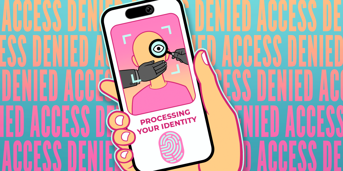 Een smartphone in de hand, met in beeld een selfie waarbij 1 oog is afgedelt met een gluur vergrootslag, en een robothand de mond het zwijgen oplegt. onder de selfie staat een vingerafdruk. Tegen een achtergrond met "ACCESS DENIED"